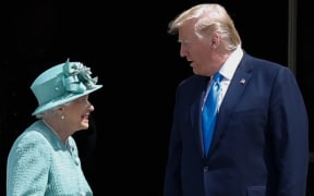 Britain's Queen Elizabeth II speaks with US President Donald Trump during a welcome ceremony at Buckingham Palace.