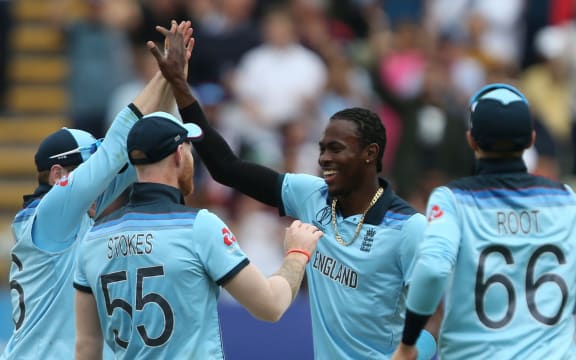 Jofra Archer celebrates a wicket against Australia in the semi-final at Birmingham.