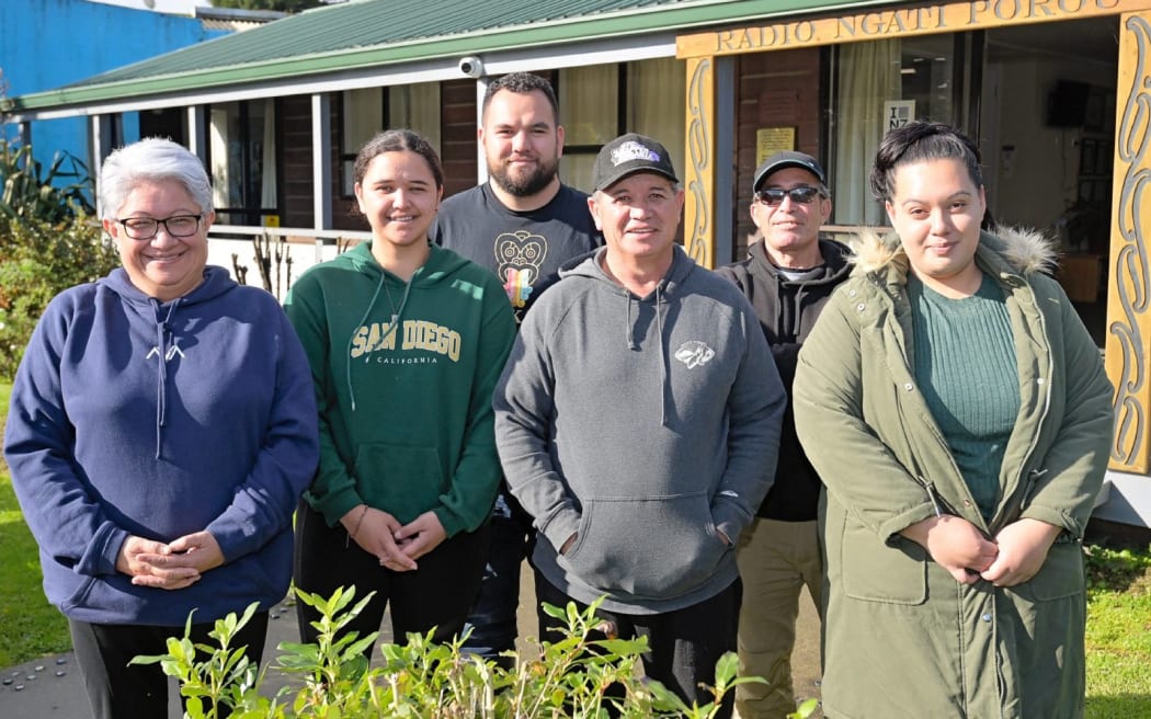 Standing outside the Ruatōria office are manager Erana Keelan-Reedy, drive show host Oriwa Atkins, cameraman Eru Walker, manager for multi media and sales Paora Brooking, breakfast host Kahu Waitoa, and programme director Beaudine Walker.