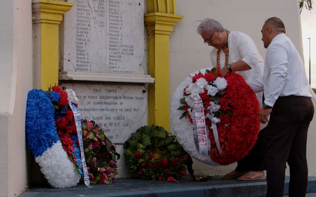 Samoa's Prime Minister Fiame Mata'afa presents wreath at Clocktower War Memorial