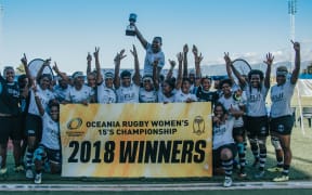 The Fijiana 15s celebrate winning the Oceania Rugby Women's Championship.