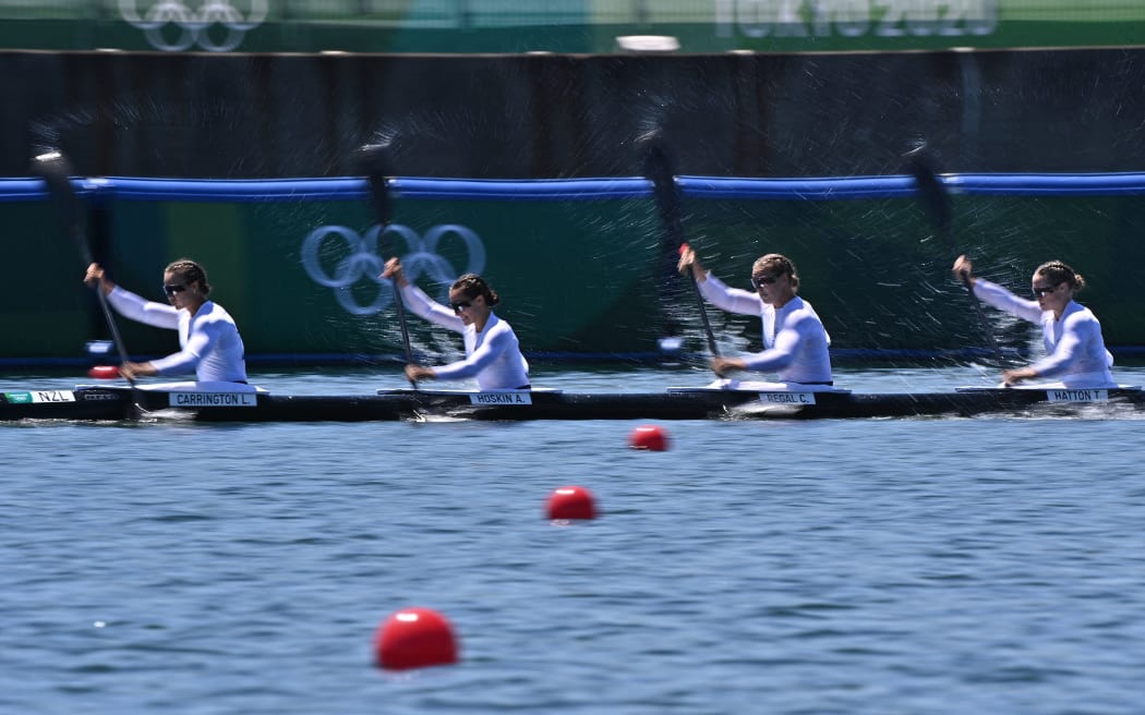 (L to R) New Zealand's Lisa Carrington, Alicia Hoskin, Caitlin Regal and Teneale Hatton compete in the women's four 500m kayak event during the Tokyo 2020 Olympic Games.
