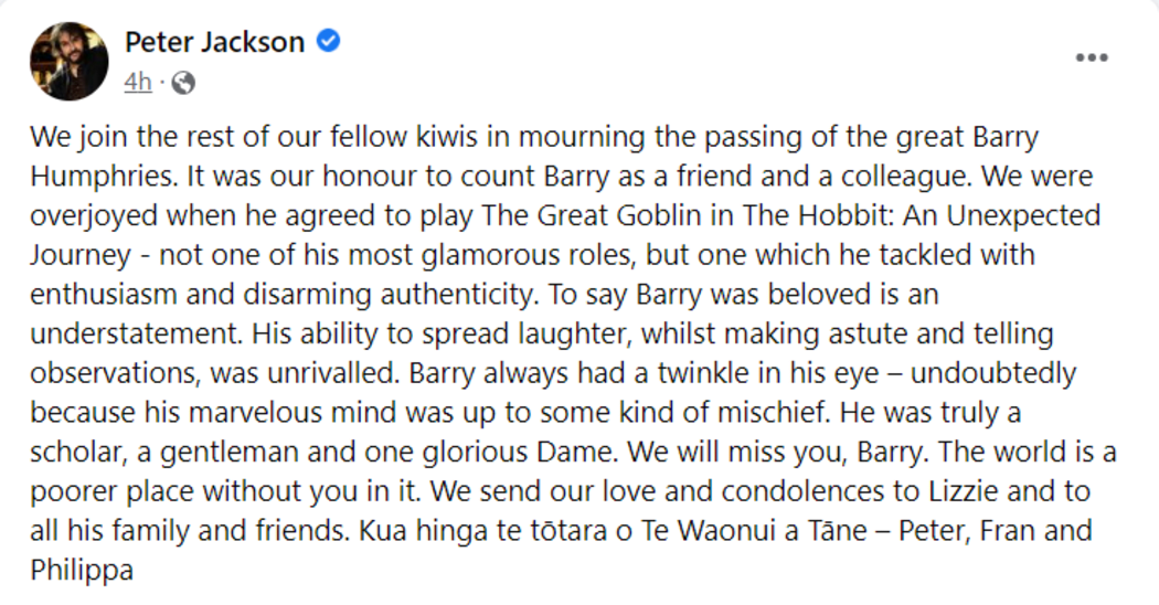 Sir Peter Jackson pays tribute to Barry Humphries