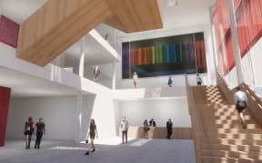 An artist's impression of what Ralph Hotere's Founders Theatre mural will look like in the new Waikato Regional Theatre.