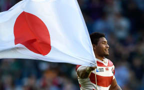 Amanaki Mafi of Japan celebrates at the final whistle of their historic Rugby World Cup win over South Africa.