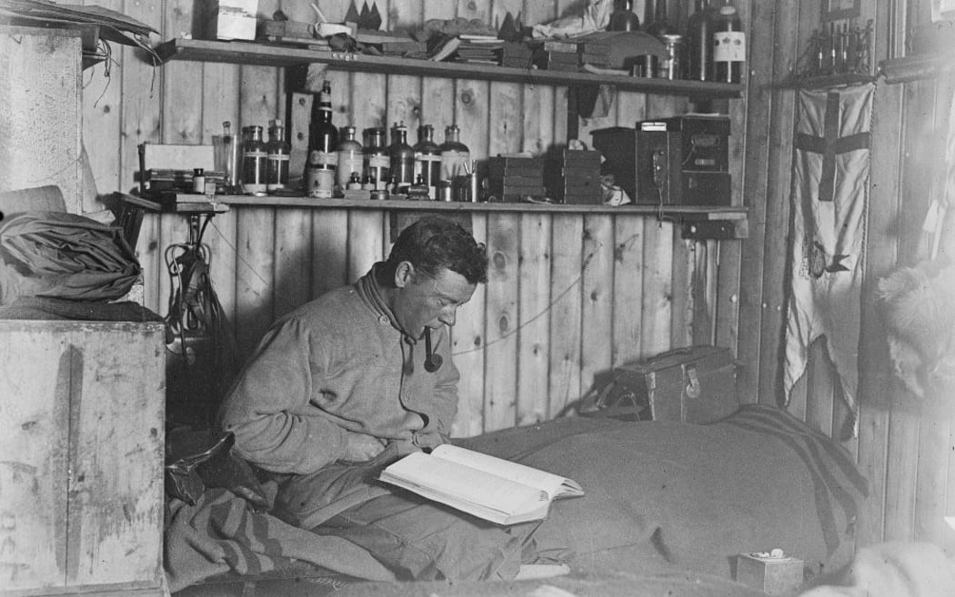 Self portrait of surgeon George Murray Levick's cubicle in his hut at Cape Adare.