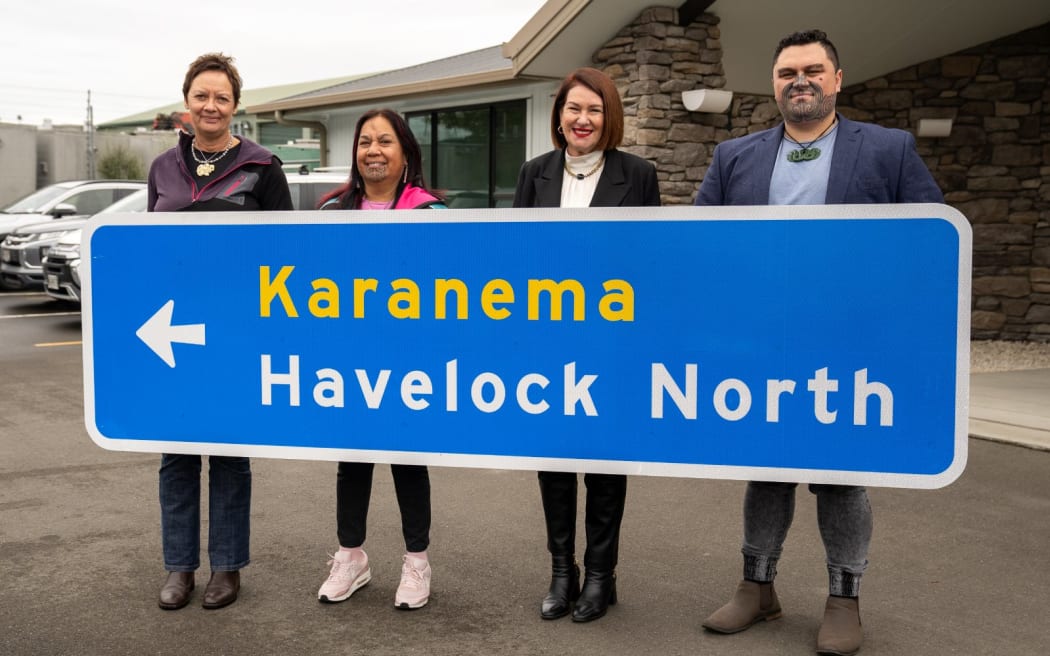 Hastings Mayor Sandra Hazlehurst with Takitimu Māori ward councilors from left, Ana Apatu, Kelly Jessup and Renata Nepe at Downer in Hastings.  Downer NZ was contracted to install the signs.
