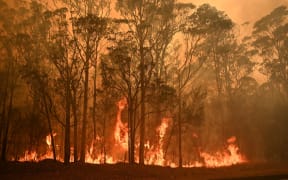 A bushfire burns in the town of Moruya, south of Batemans Bay, in New South Wales on January 4, 2020.