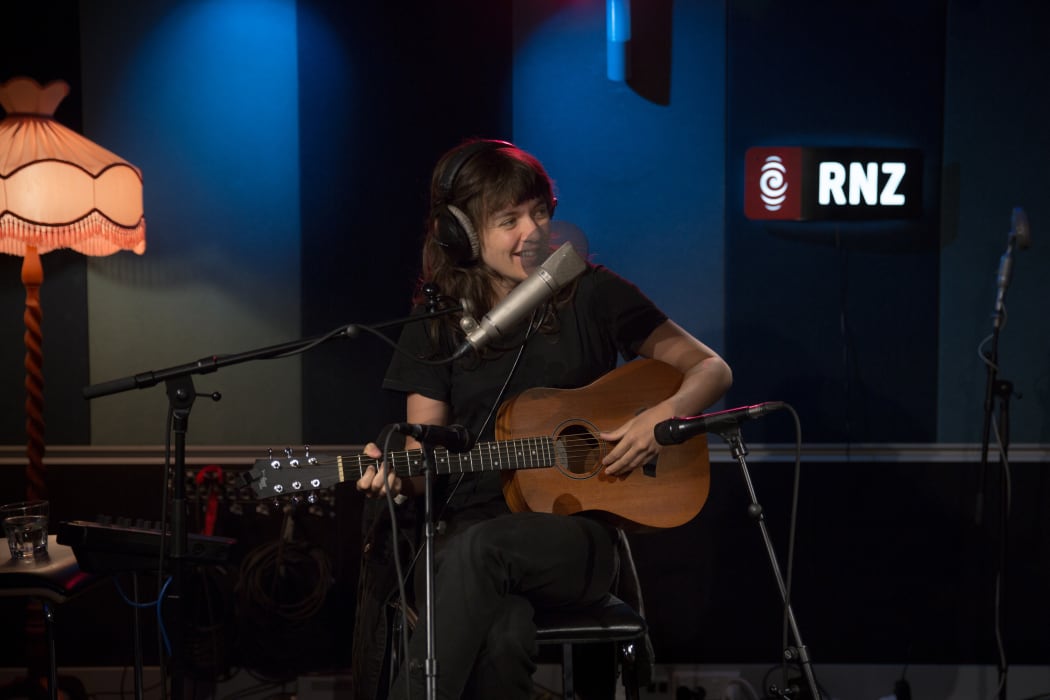 Courtney Barnett in the RNZ Auckland studio to play a song live on Jesse Mulligan 1-4, before her show at the Powerstation this evening.