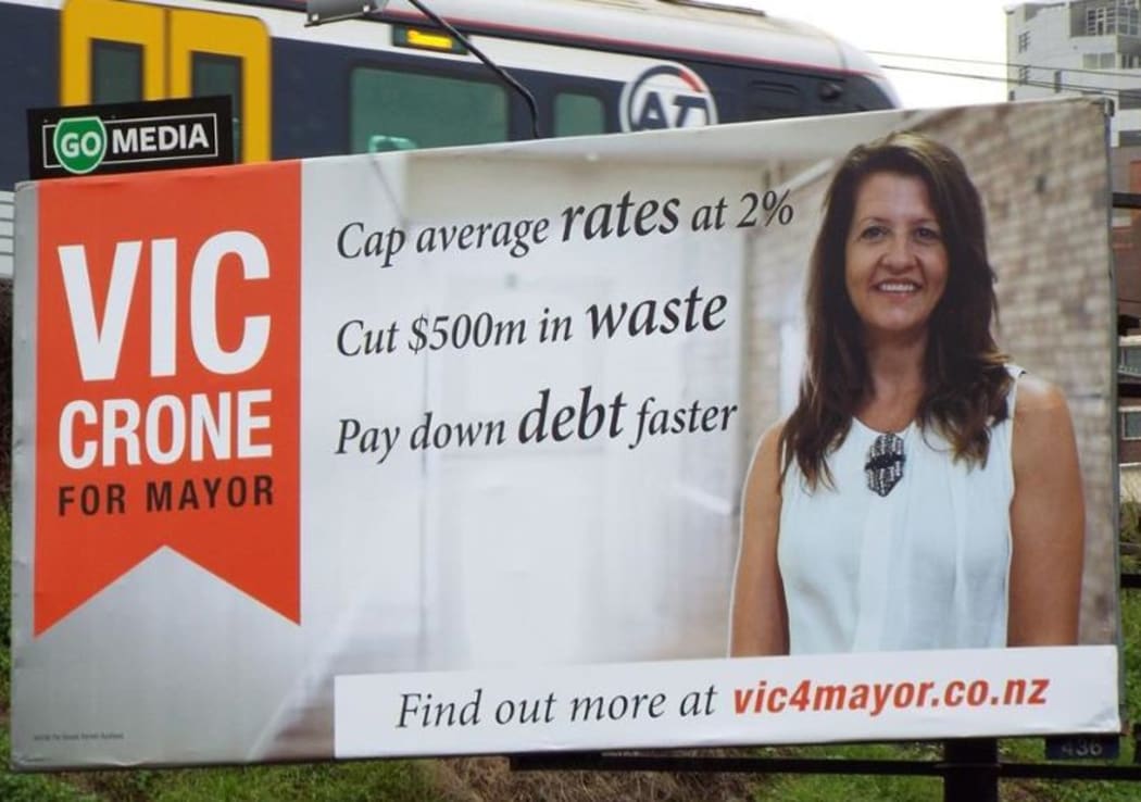 One of the billboards for Auckland mayoral candidate Vic Crone that has been taken down near Parnell.