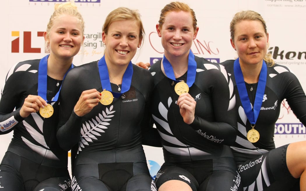 New Zealand's georgia Williams, left, Rushlee Buchanan, Lauren Ellis and Jaime Nielsen finish first in the Women 4000m Team Pursuit at the 2014 Oceania Track Championships
