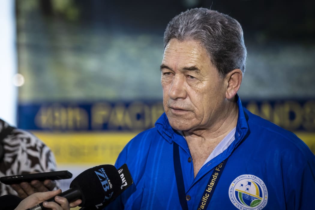 Minister of Foreign Affairs Winston Peters speaks to the media after his meeting with Australian Minister of Foreign Affairs Marice Payne in Nauru during the Pacific Island Forum.