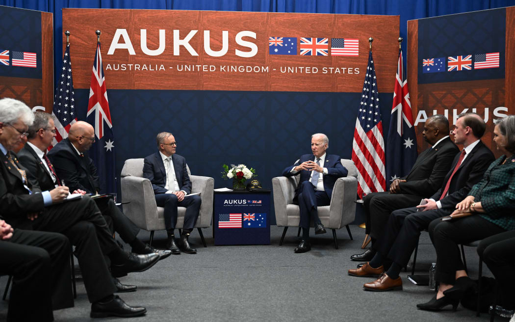 US President Joe Biden (R) meets with Australian Prime Minister Anthony Albanese (L) during the AUKUS summit at Naval Base Point Loma in San Diego California on March 13, 2023. - AUKUS is a trilateral security pact announced on September 15, 2021, for the Indo-Pacific region. (Photo by Jim WATSON / AFP)