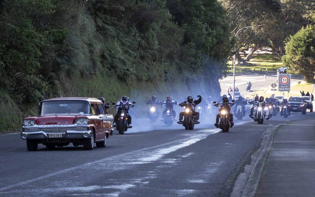 The funeral procession for Mongrel Mob leader Steven Taiatini. Photo / Andrew Warner
