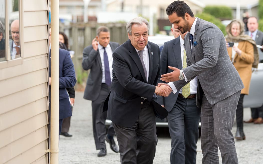 Linwood Islamic Centre trustee Faisal Sayed (R) receives United Nations Secretary-General Antonio Guterres during the latter's visit to the Linwood Islamic Centre in Christchurch on May 14, 2019.