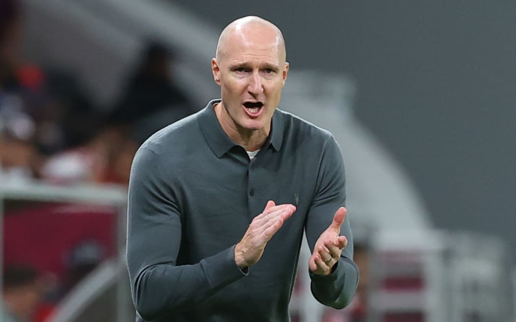 New Zealand coach Danny Hay encourages his players during the FIFA World Cup 2022 inter-confederation play-offs match between Costa Rica and New Zealand on June 14, 2022, at the Ahmed bin Ali Stadium in the Qatari city of Ar-Rayyan.