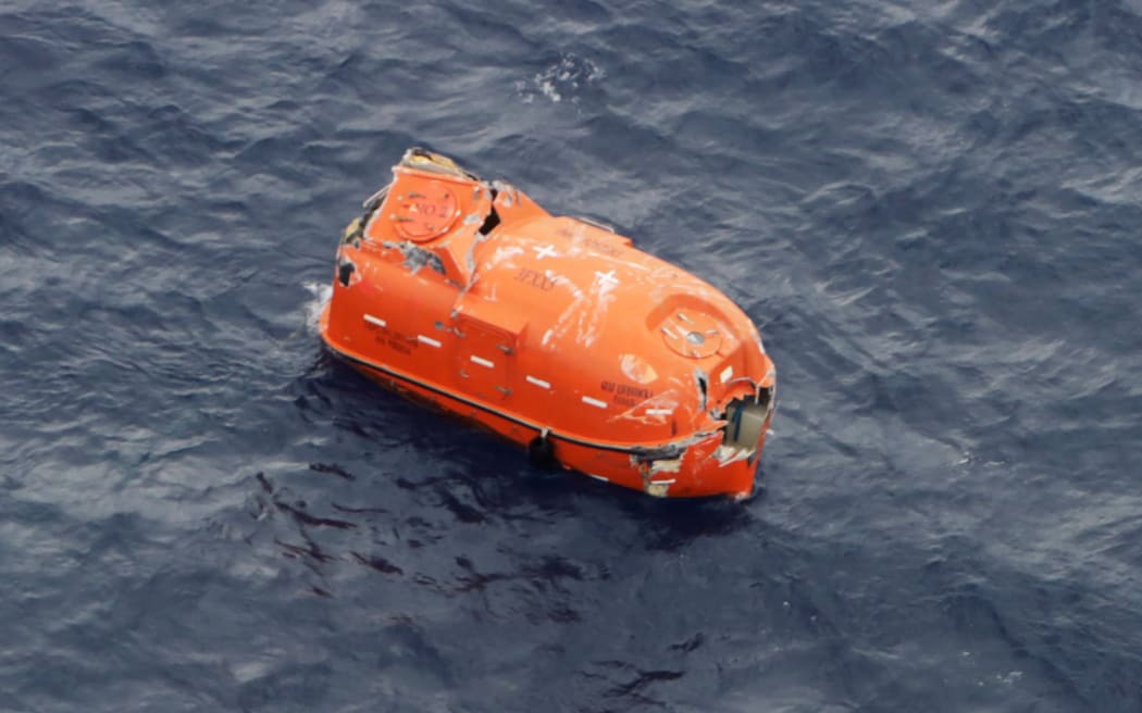 An unmanned life boat drifting about 4 km east of Kodakarajima island of Kagoshima prefecture on September 4, 2020 after the Gulf Livestock 1 ship sank.