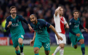 Tottenham's Brazilian forward Lucas celebrates after scoring a goal during the UEFA Champions League semi-final second leg football match against Ajax Amsterdam.