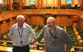 RNZ audio operators John McGregor and Colin Pearce pose in the Chamber