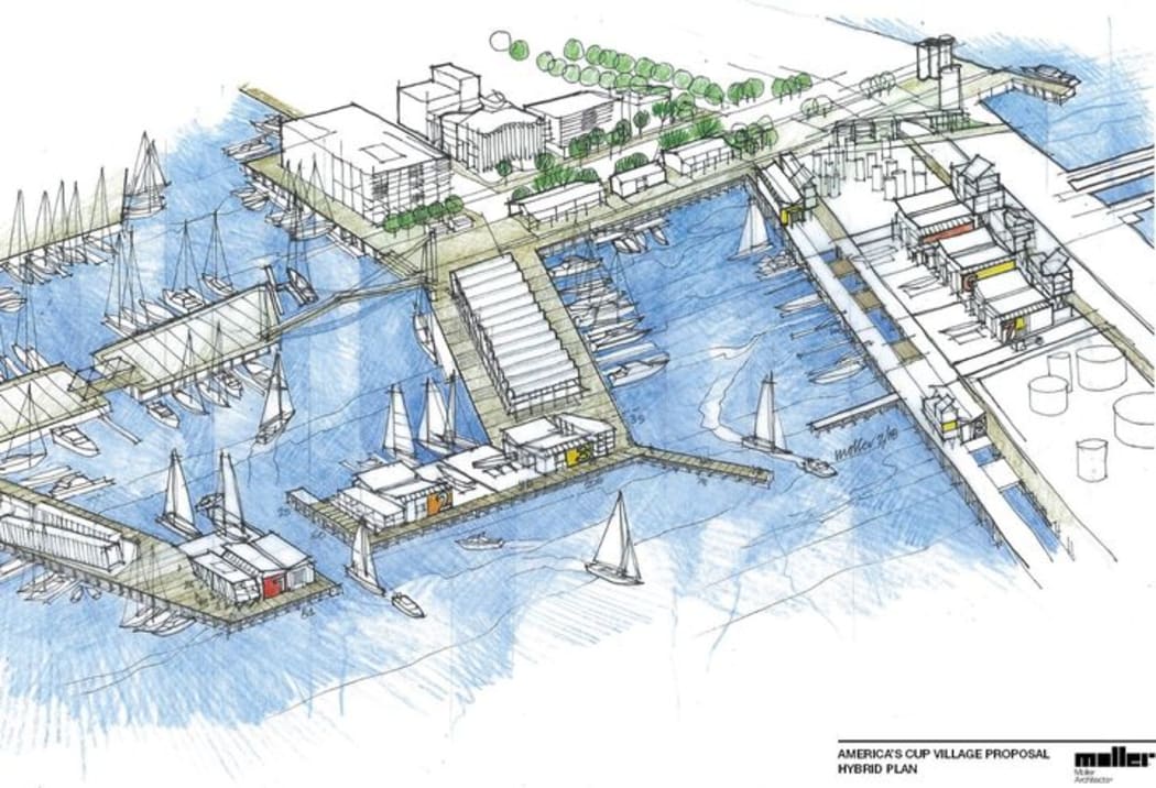 An artist impression of the government's alternative plan for an America's Cup Village, with more bases on Wynyard Point.