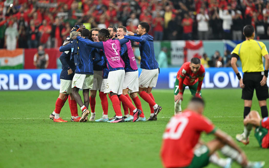France celebrate their victory after their FIFA World Cup Qatar 2022 semi final match between France and Morocco at Al Bayt Stadium on 14 December, 2022.