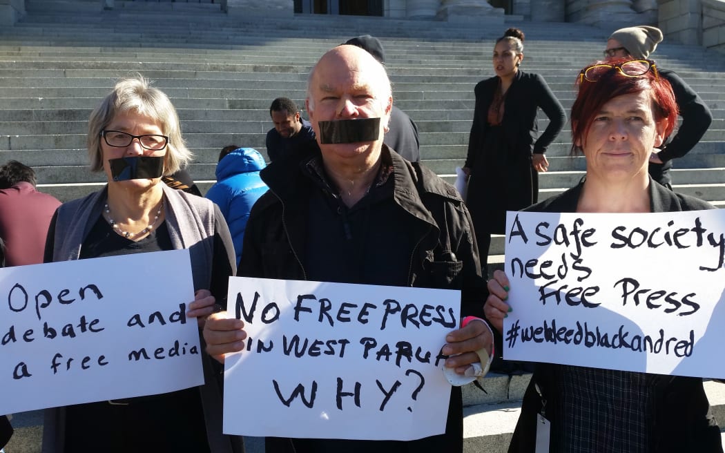 Protestors calling for open access for media and aid groups to West Papua gather outside parliament in Wellington.