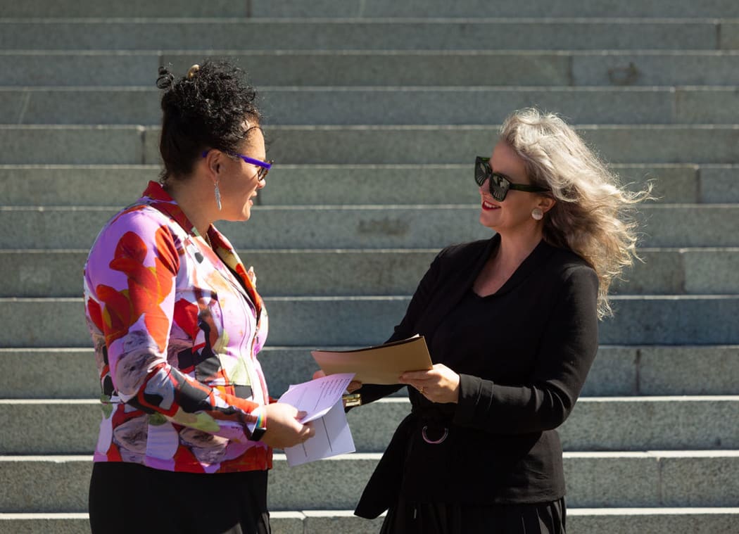 MP Louisa Wall receives the petition from Gender Justice Collective's Angela Meyer in front of Parliament this afternoon.