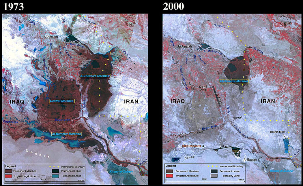 According to the UN, these NASA images show a 90 percent decline in the marshlands between 1973 and 2000 due to damming and drainage.