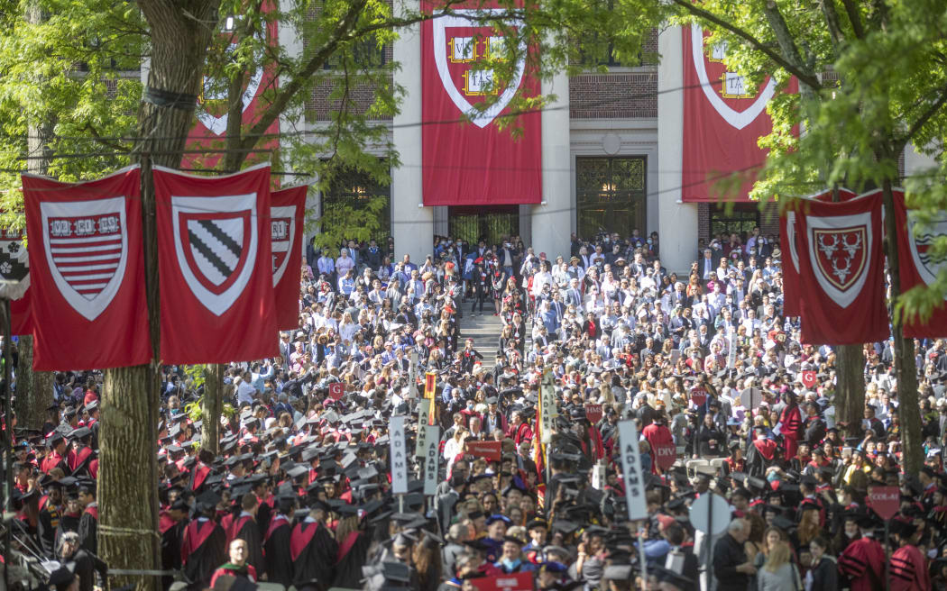 Outside Harvard University in Boston on the day that PM Jacinda Ardern received an honorary doctorate.