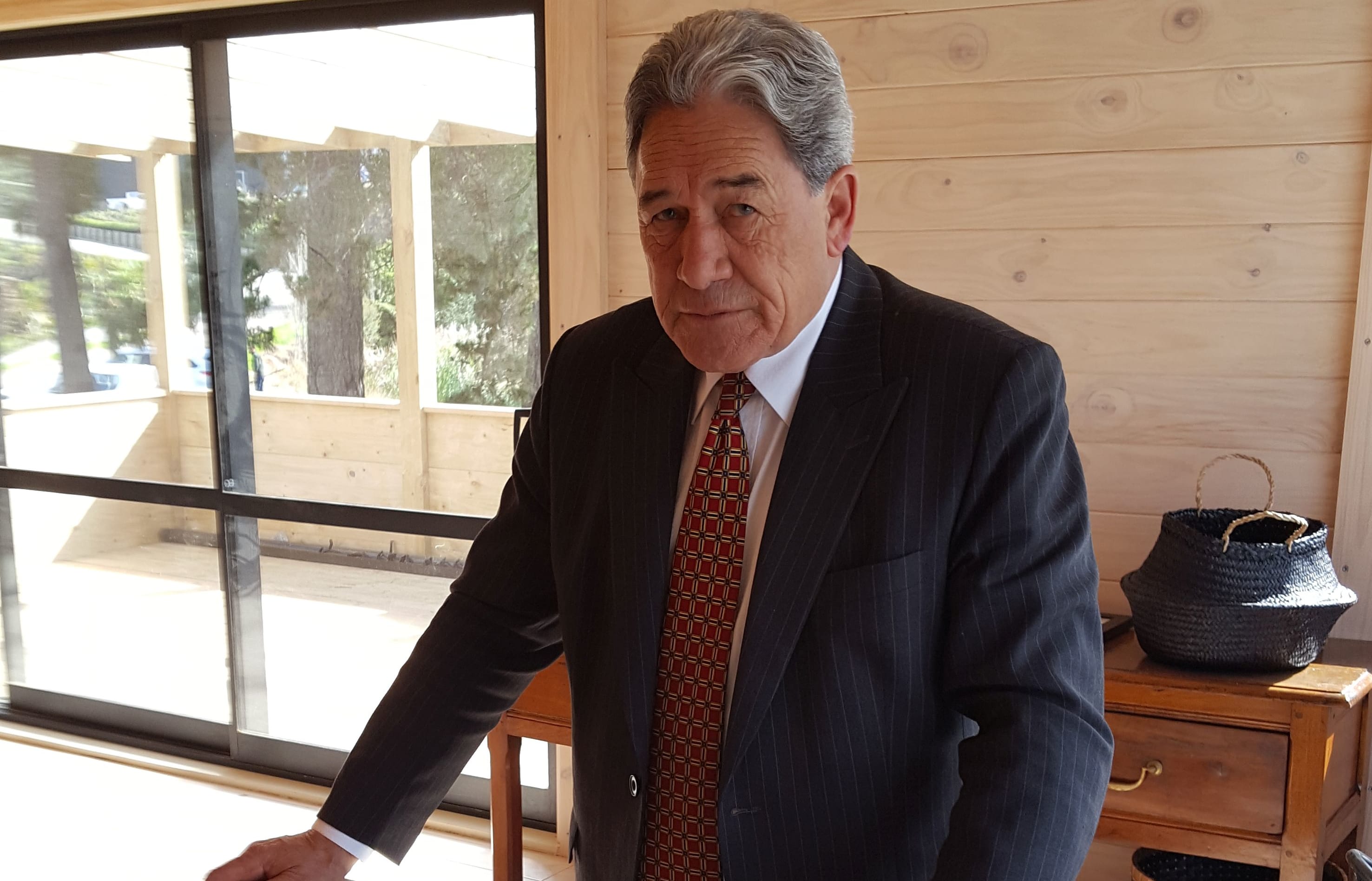 Winston Peters at the Mt Pokaka Timber Mill during his 2017 election campaign.
