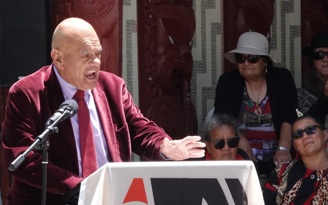 Ngāti Hine leader Waihoroi Shortland addresses the crowd gathered at the Treaty Grounds at the handover ceremony for Waitangi Tribunal’s Te Paparahi o Te Raki stage two, part one report, on Saturday 9 December 2023.
