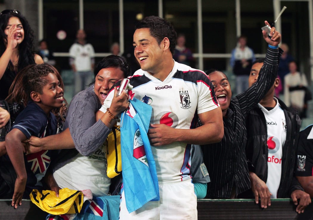 Jarryd Hayne is embraced by Fiji fans during the 2008 Rugby League World Cup.