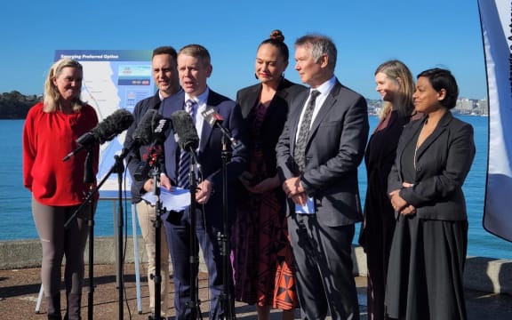 Chris Hipkins, David Parker and Carmel Sepuloni at the announcement of the plan on 6 August.