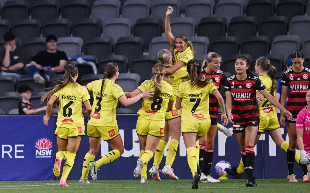 Phoenix celebrates Mariana Speckmaier's goal during the women's A-League win over Western Sydney Wanderers.