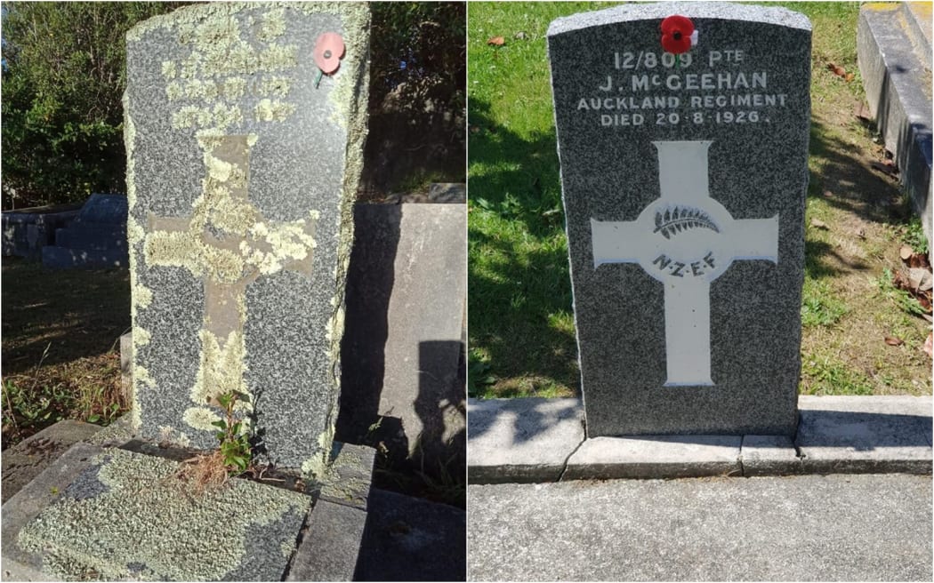 A before and after photo of a war grave restored by The New Zealand Remembrance Army.