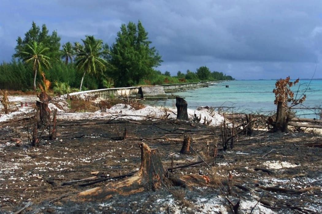Photo taken 06 June 2000 of part of the atoll of Mururoa, four years after the cessation of French nuclear testing. Almost all the installations that sheltered up to 3,000 people for 30 years have been dismantled , giving the natural vegetation a chance to grow again.