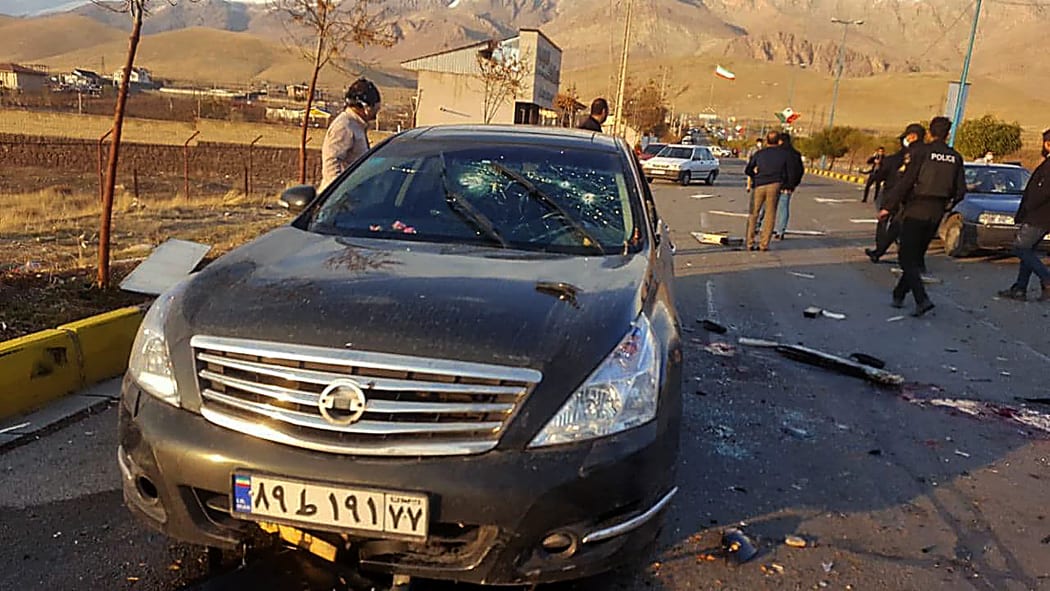 A handout photo made available by Iran state TV (IRIB) on November 27, 2020, shows the damaged car of Iranian nuclear scientist Mohsen Fakhrizadeh after it was attacked near the capital Tehran.