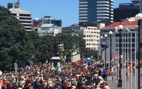 An estimated seven thousand people marched in Wellington to the steps of parliament, demanding climate change justice, 28 November 2015.