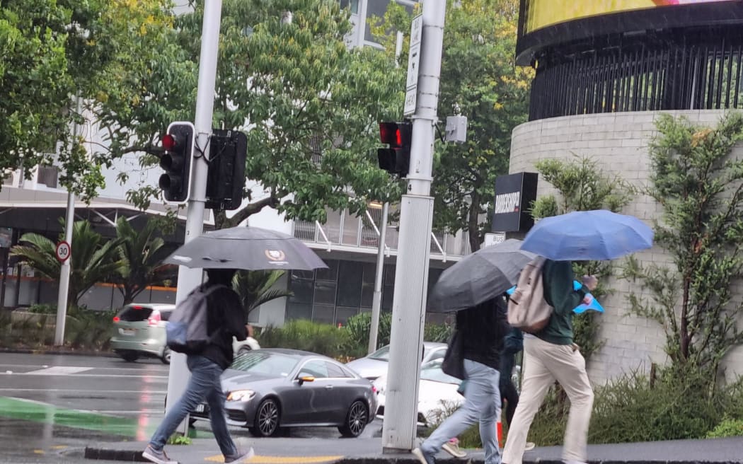 Rain falling in downtown Auckland.