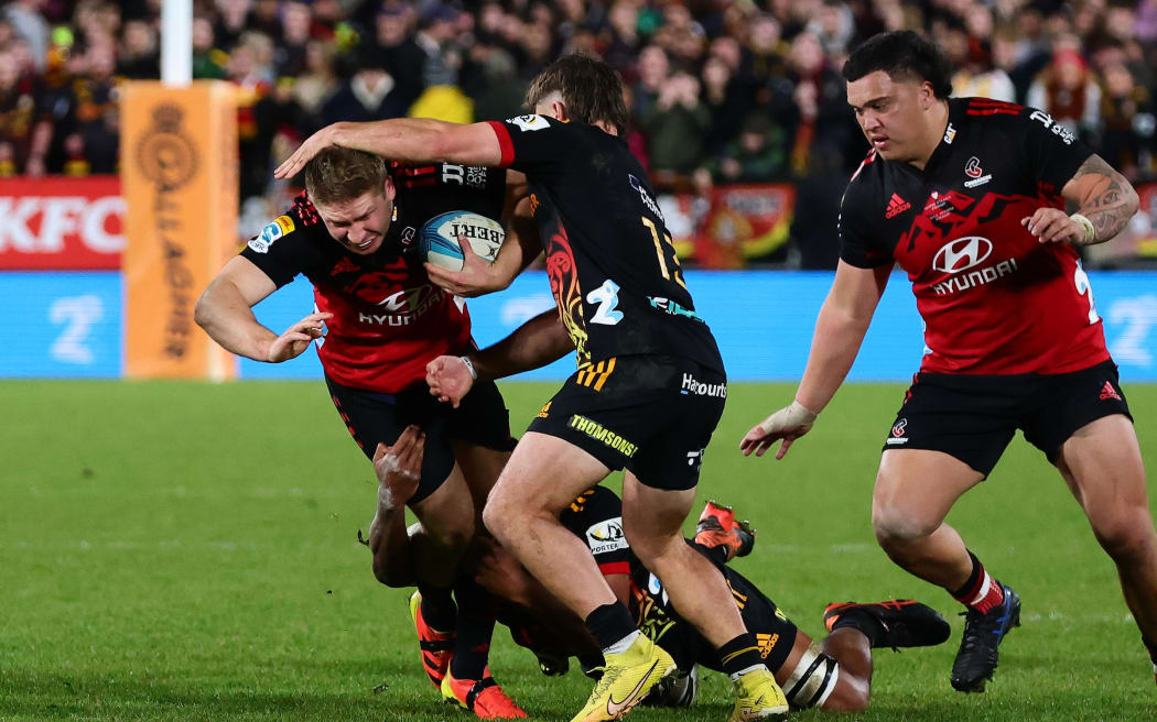 Jack Goodhue of the Crusaders during the Super Rugby Pacific Final between the Chiefs and the Crusaders at FMG Stadium in Hamilton.