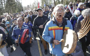 Indigenous leaders and other groups demonstrated against the expansion of the Trans Mountain pipeline project in Burnaby, British Columbia, earlier this year.