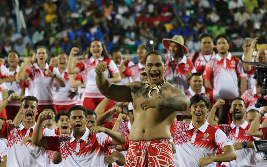 Team Tahiti perform at the opening ceremony of the 17th Pacific Games in Solomon Islands. 19 November 2023