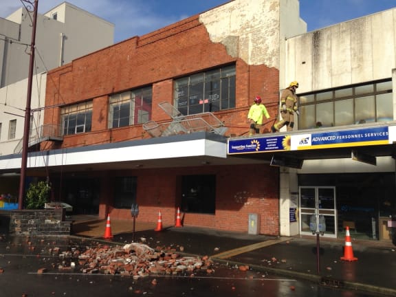 The collapsed façade of a building in central Invercargill.