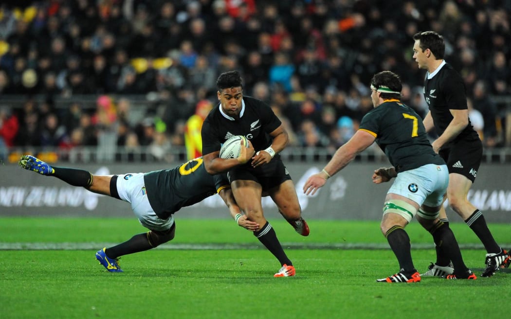 All Black Julian Savea moves forward against South Africa in Westpac Stadium.