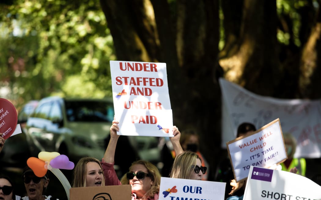 Nurses striking at Victoria Park in Auckland, October 2022.