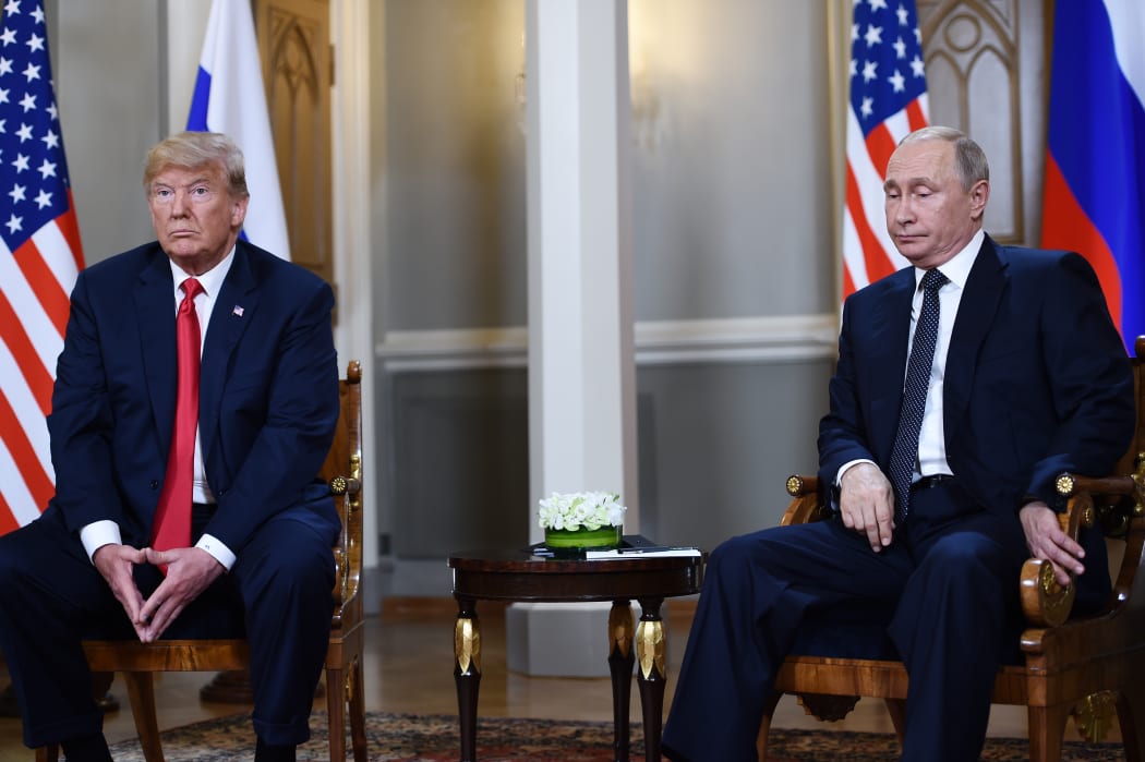 Russian President Vladimir Putin and US President Donald Trump attend a meeting in Helsinki.