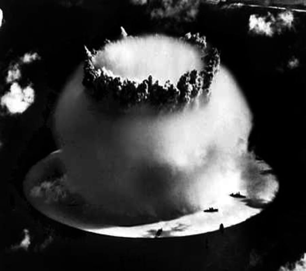 The United States launched the Baker underwater nuclear test in Bikini Atoll, Marshall Islands, July 1946.