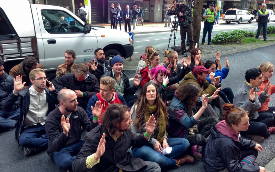 Protesters on Lambton Quay, central Wellington.