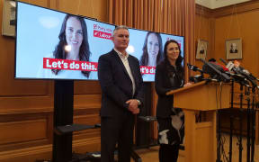 Labour leader Jacinda Ardern, right, and deputy leader Kelvin Davis unveil the party's new slogan "Let's do this."