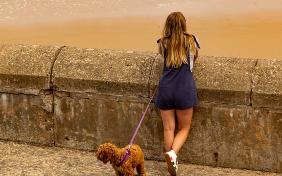 Un adolescent pose sur une digue en promenant un petit chien oodle